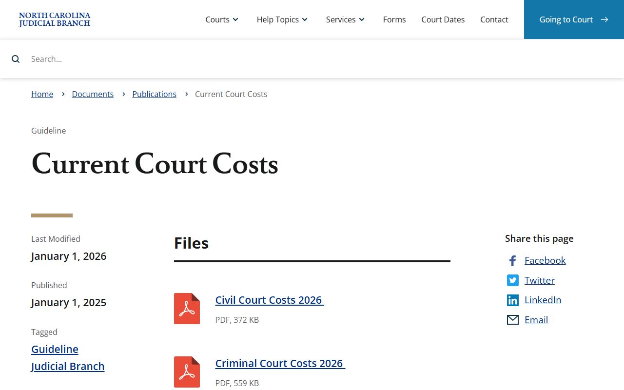 Bertie County Clerk of Superior Court current court costs