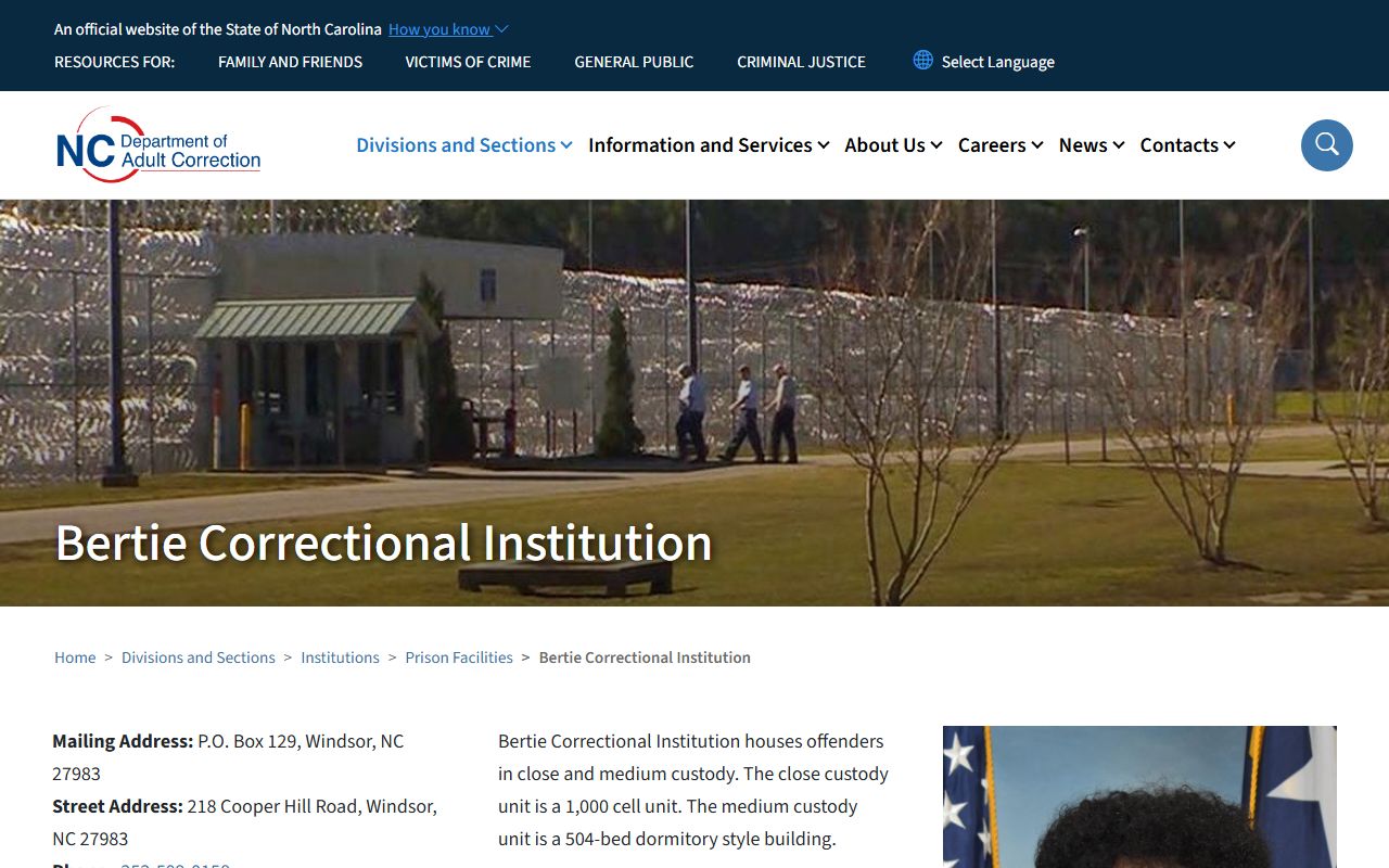 Bertie County inmate records Bertie Correctional Institution page