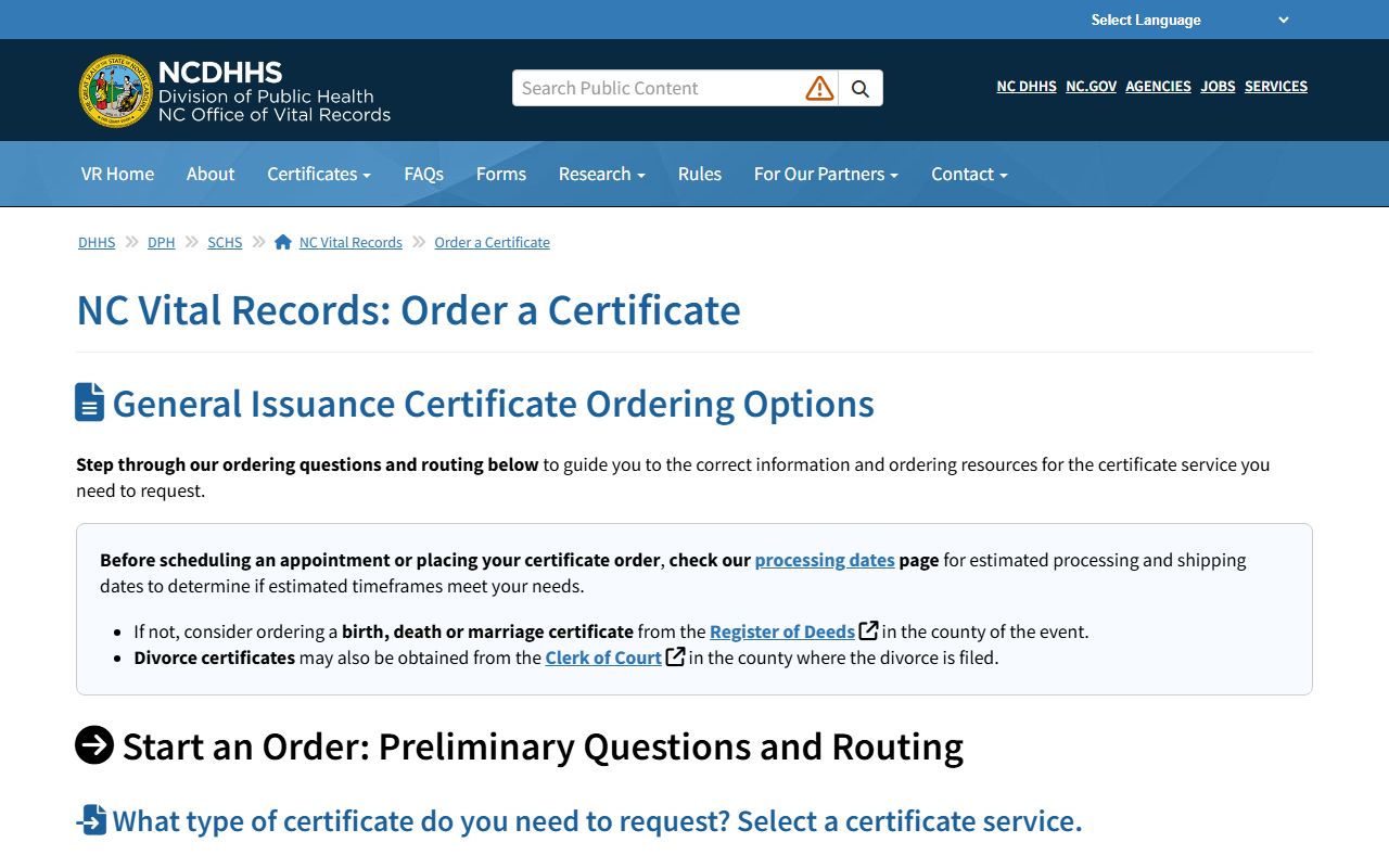 Bertie County marriage records Vital Records order page