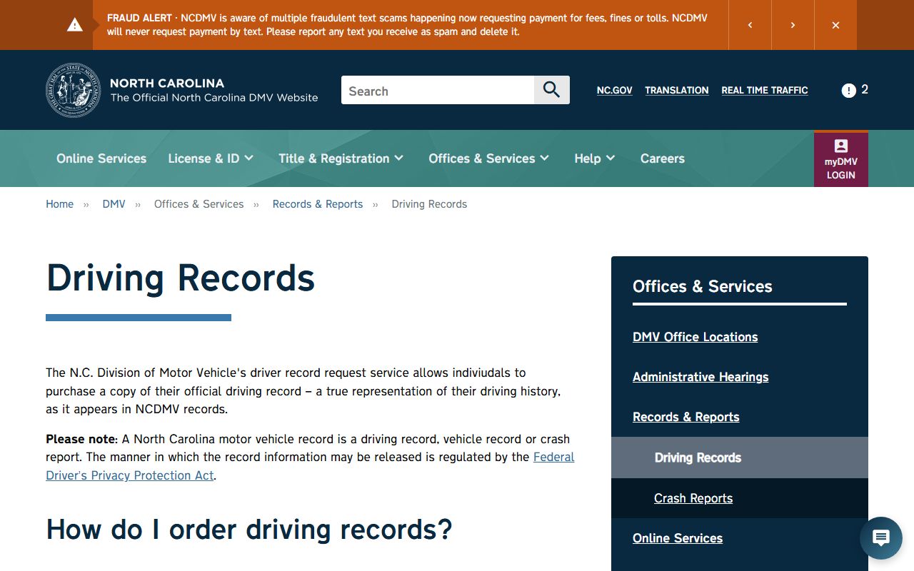 Bertie County traffic court records NCDMV driving record request page