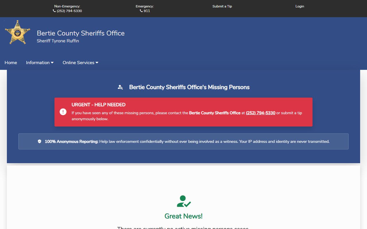 Bertie County warrant records Citizen Connect missing persons page